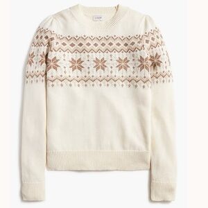J. Crew 100% Cotton Fair Isle Ivory Brown Crewneck Sweater Puff Slv Sz M SOOL